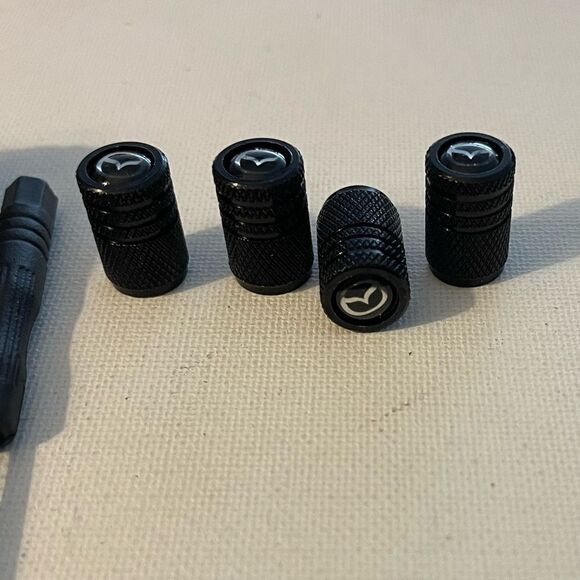Mazda key fob Keychain in black leather and Valve stem caps in Black NWT - Picture 3 of 4